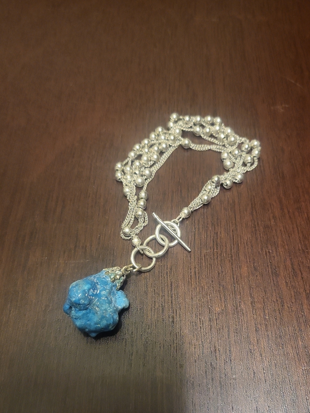 Silver Multi-Strand Bracelet with Blue Turquoise Stone Pendant,